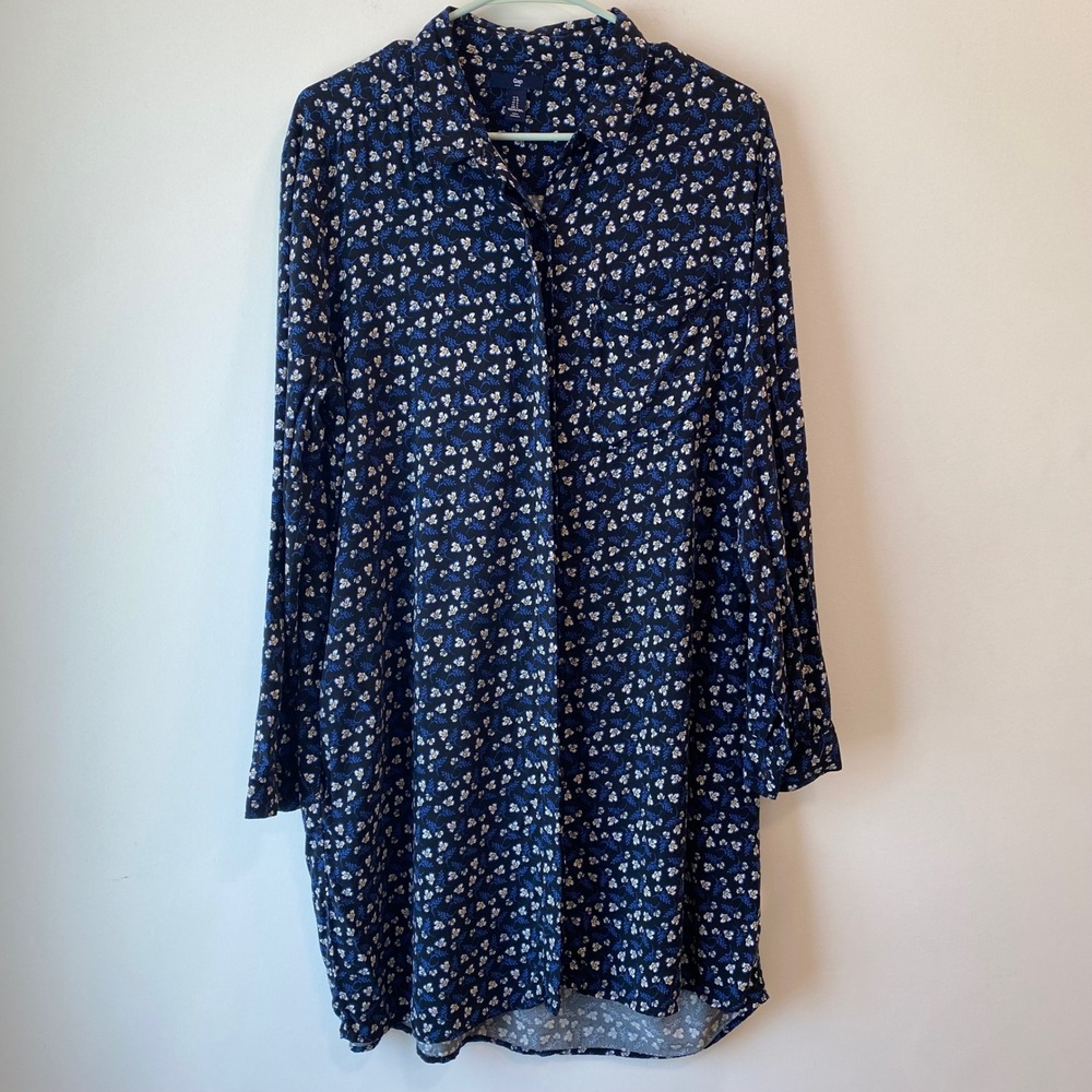 Gap Shirt Dress Women L Navy Blue Floral Long Sleeve Button Cottage Indy Boho